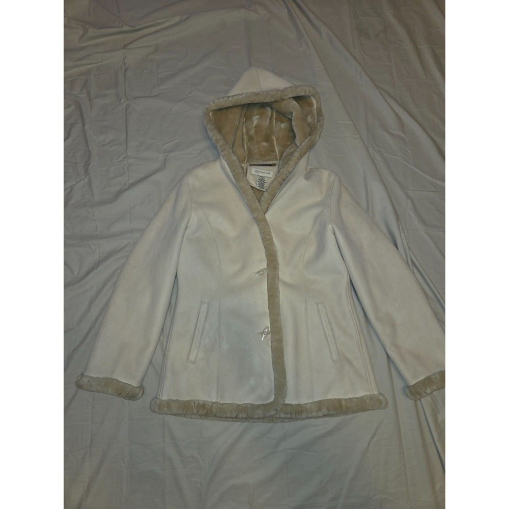 Jones New York Coat Womens Medium Beige Faux Suede Sherpa Lined Hooded Jacket